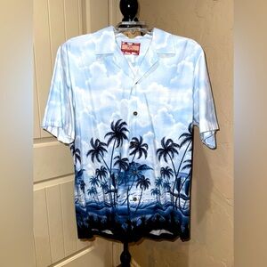 VTG RJC Hawaiian Shirt Mens Med Blue Button Up Sail Boat Palm Tree Island